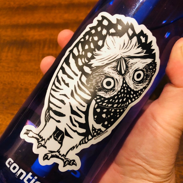 4 inch Owl Looking Sideways Vinyl Sticker, black and white