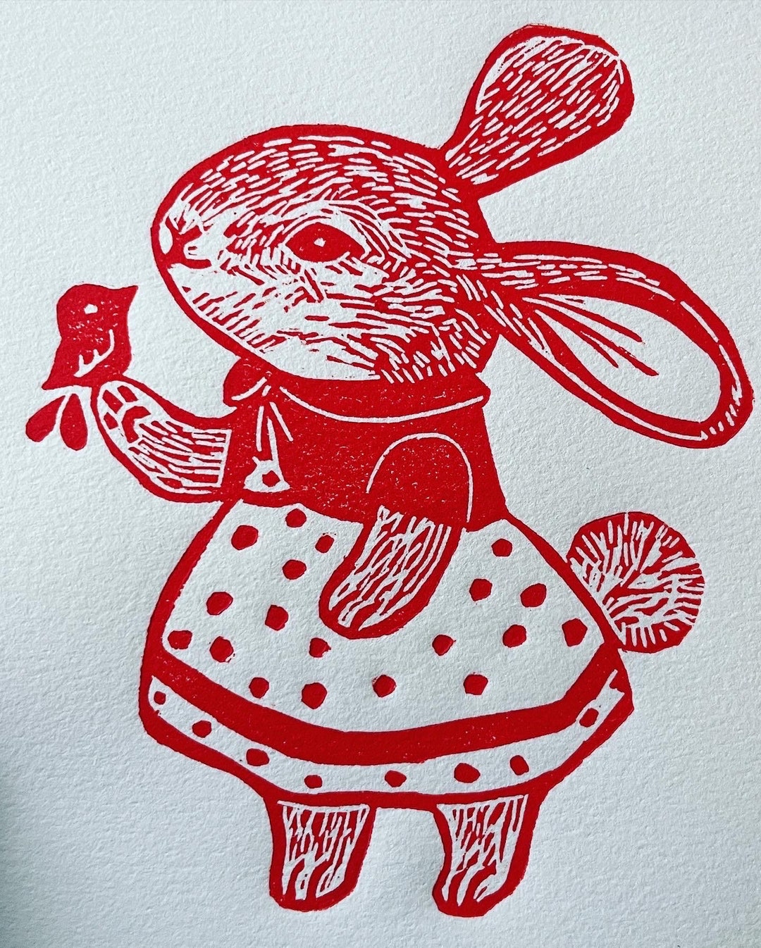 Linocut Rabbit Pattern Bunny and Bird Linocut Print: Terracotta, Hand-printed Art (5x7) - Etsy