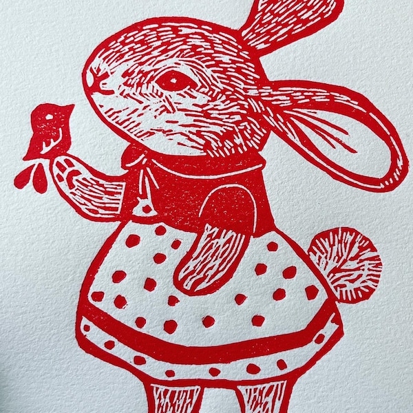 Petit lapin avec oiseau en terre cuite oeuvre d'art murale originale en linoléum imprimée à la main, signée 5 x 7 pouces Archives Rives BFK