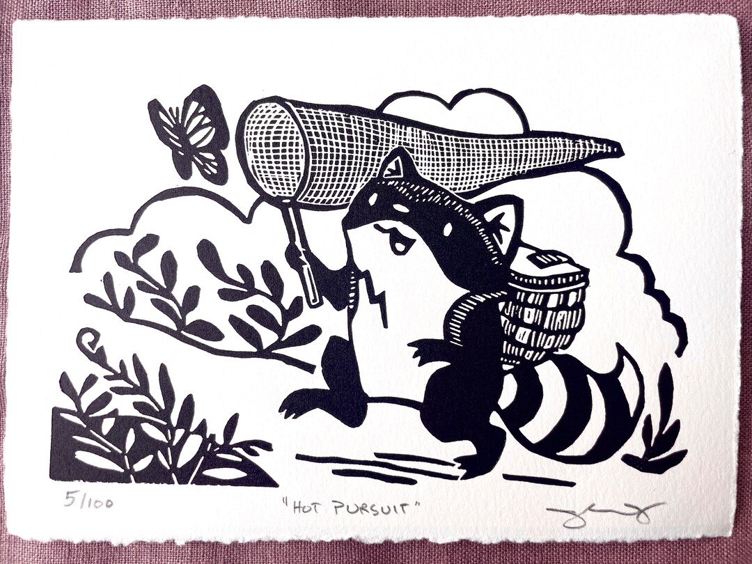 Raccoon Chasing Butterfly Block Print on Archival Cotton Rag Signed ...