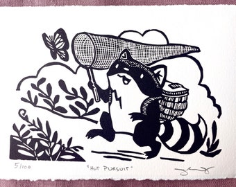 Raccoon chasing Butterfly block print on Archival Cotton Rag signed numbered first edition of 100 Black and White Unframed 5” x 7” inches