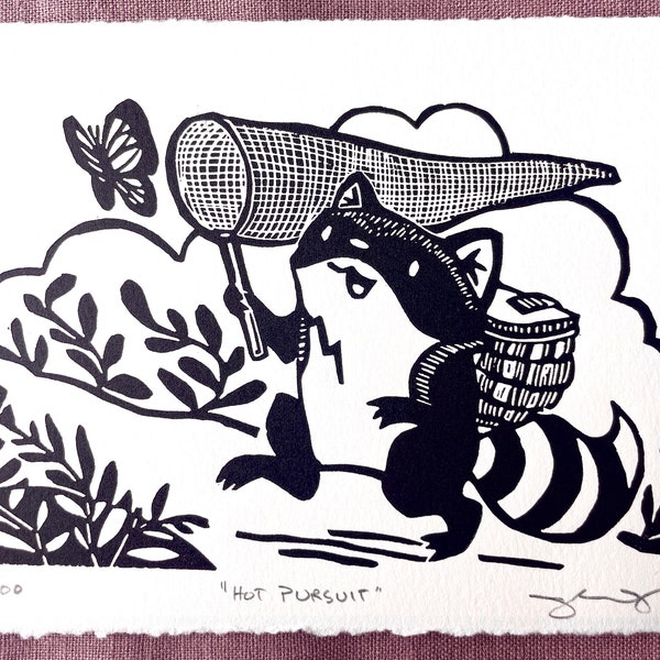 Raccoon chasing Butterfly block print on Archival Cotton Rag signed numbered first edition of 100 Black and White Unframed 5” x 7” inches