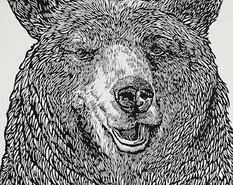 Large Bear in Black and White First Edition Signed and Numbered Linoleum Block Print Handprinted on Heavyweight Archival Cotton Rag Paper