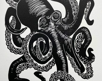 Octopus Linoleum Block Print on Archival Cotton Rag Paper Rives BFK Signed Numbered First Edition Black and White