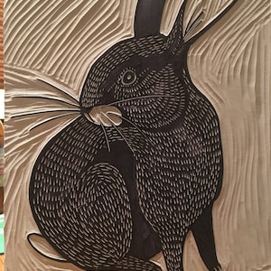 Linoleum Block Printed Rabbit on Cotton Rag Paper - Etsy