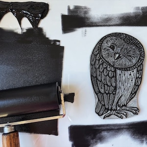 Original Linocut 5 x 7 Winking Barn Owl Owl Block Print on Archival Cotton Paper Printed by Hand, Signed, Edition 300. image 3