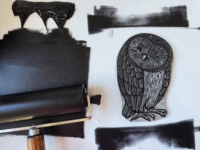 Original Linocut 5 x 7 Winking Barn Owl Owl Block Print on Archival Cotton Paper Printed by Hand, Signed, Edition 300. image 3