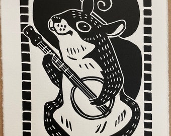 Squirrel Banjo Player Original Linoleum Block Print Vertical 5 x7 inches Signed Numbered Edition of 300