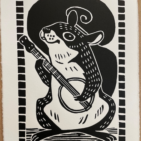 Squirrel Banjo Player Original Linoleum Block Print Vertical 5 x7 inches Signed Numbered Edition of 300