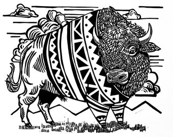 Standing Still, Bison in Sweater with Mountains, original block print, first edition signed