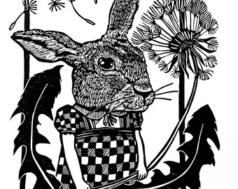 Wishing, First Edition Signed and Numbered Rabbit with Dandelion Original Linoleum Block Print 11” x 14” Archival Cotton Rag Paper