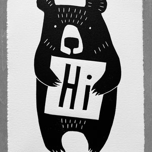 Bear holding Hi Greeting, Original Linocut on Rives BFK Archival Paper, Signed and Numbered First Edition /300, 5 x 7 in. Vertical