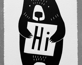 Bear holding Hi Greeting, Original Linocut on Rives BFK Archival Paper, Signed and Numbered First Edition /300, 5 x 7 in. Vertical