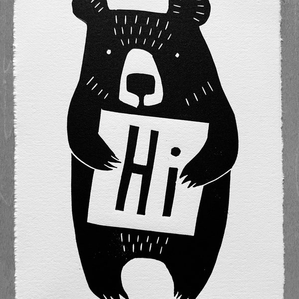 Bear holding Hi Greeting, Original Linocut on Rives BFK Archival Paper, Signed and Numbered First Edition /300, 5 x 7 in. Vertical