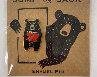 Black Bear Reading a Red Book, Hard Enamel Pin, Military Clutch, 1.5 inches