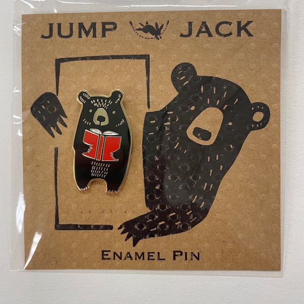 Black Bear Reading a Red Book, Hard Enamel Pin, Military Clutch, 1.5 inches