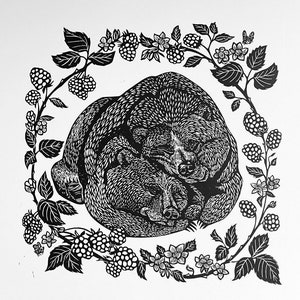 Signed Bear Linoleum Block Print, Archival Cotton Paper, 12x12
