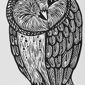 Original Linocut 5 x 7 Winking Barn Owl Owl Block Print on Archival Cotton Paper Printed by Hand, Signed, Edition 300. image 1