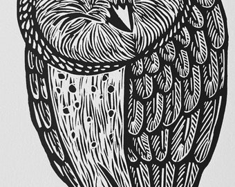 Original Linocut 5" x 7" Winking Barn Owl Owl Block Print on Archival Cotton Paper Printed by Hand, Signed, Edition 300.