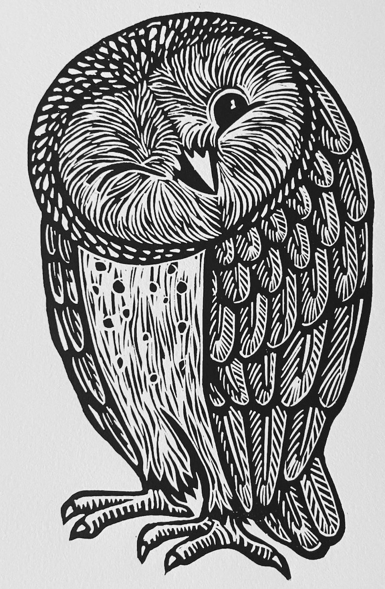 Original Linocut 5 x 7 Winking Barn Owl Owl Block Print on Archival Cotton Paper Printed by Hand, Signed, Edition 300. image 1