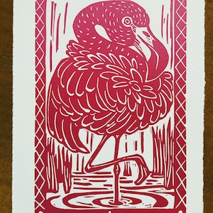 Pinker Flamingo Original Linoldruck Linoldruck Signierte Auflage von 300 auf Archivpapier vertikal 5 x 7 Zoll Ungerahmt