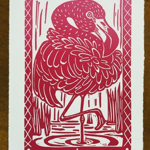 Pink Flamingo Original Linoleum Block Print Signed Numbered Edition of 300 on archival paper vertical 5 x 7 inches Unframed