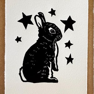 Bunny with stars linoleum block print, black and white, 4” x 6” archival open edition, signed