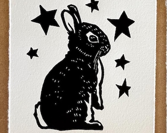 Bunny with stars linoleum block print, black and white, 4” x 6” archival open edition, signed