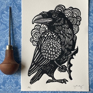 Raven with Dandelion Original Linocut on Cotton Rag Paper, First Edition, Signed, Numbered Edition of 300, black and white, 5” x 7” inches