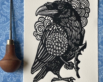 Raven with Dandelion Original Linocut on Cotton Rag Paper, First Edition, Signed, Numbered Edition of 300, black and white, 5” x 7” inches