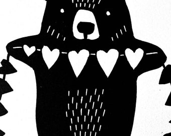 String of Hearts Bear Valentine original hand printed linoleum block print wall art signed 8 x 10 inches Archival Rives BFK