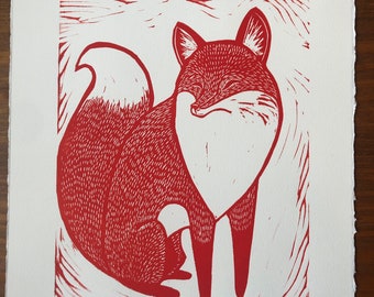 Linoleum Block Foxy Fox Hand Printed on Archival Rives BFK Paper
