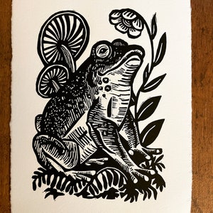Kiss Me Woodland Frog Linocut on Cotton Rag Paper, First Edition, Signed, Numbered Edition of 300, black and white, 5 x 7 inches image 1