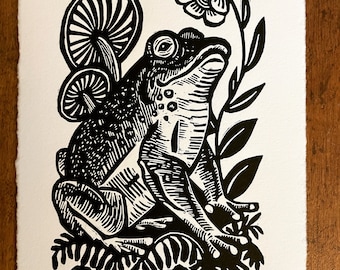 Kiss Me Woodland Frog Linocut on Cotton Rag Paper, First Edition, Signed, Numbered Edition of 300, black and white, 5” x 7” inches