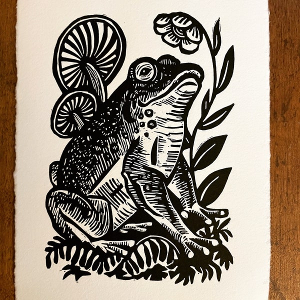 Kiss Me Woodland Frog Linocut on Cotton Rag Paper, First Edition, Signed, Numbered Edition of 300, black and white, 5” x 7” inches