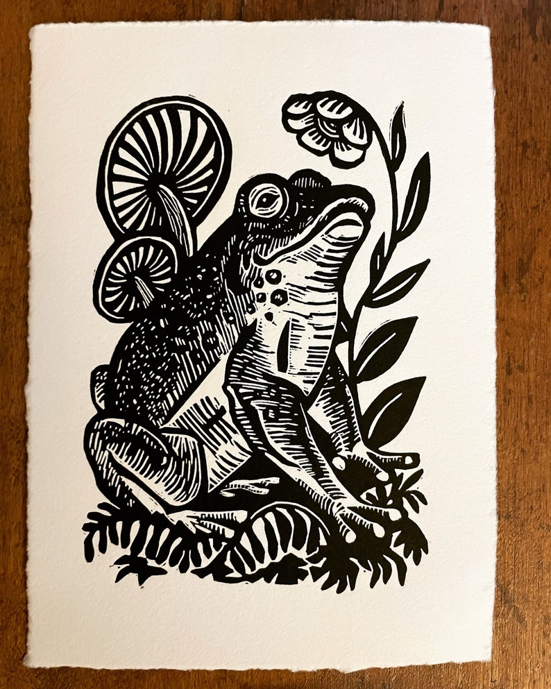 Kiss Me Woodland Frog Linocut on Cotton Rag Paper, First Edition, Signed, Numbered Edition of 300, black and white, 5 x 7 inches image 1