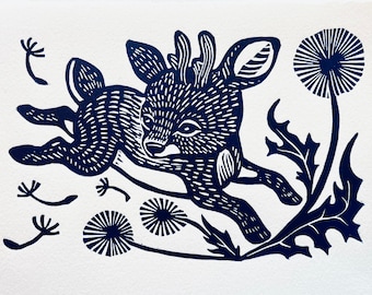 5 x 7 inch Woodland Deer and Dandelion Linoleum Block Print on Archival Cotton Rag Paper, signed first edition/200