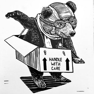 Handle With Care, Make-Believe Bear in a Box, Original Linoleum Block Print