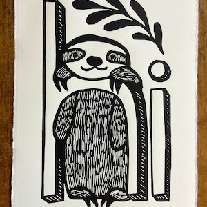 Original Linocut Block Print Sloth with Hi Text. Signed First Edition of 300, Hand Printed on Archival Paper with Professional Ink