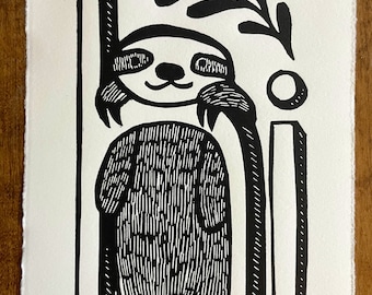 Original Linocut Block Print Sloth with Hi Text. Signed First Edition of 300, Hand Printed on Archival Paper with Professional Ink