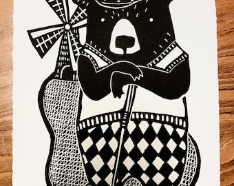 Bear with Windmill on Mini Golf Course original hand printed linoleum block print wall art signed 5 x 7 inches Archival Rives BFK