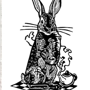 Self Care Time for Tea Rabbit Tea Party linoleum block print hand printed on cotton rag paper, signed edition /200