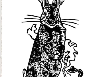 Rabbit Tea Party Print, Linoleum Block Print, Signed Edition