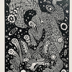 First Edition Block Print, Coyote Spills the Stars,  Black and White, Signed and Numbered, Handprinted