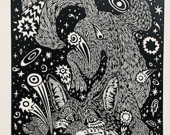 First Edition Block Print, Coyote Spills the Stars,  Black and White, Signed and Numbered, Handprinted