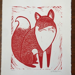First edition Fox Linocut Print in Red on Archival Paper, Signed