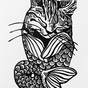 Merkitten, Original Linoleum Block Print Handprinted on Cotton Rag Archival Paper, signed open edition