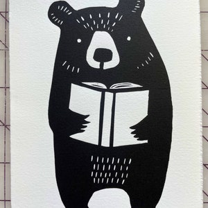 Bear with Book Linoleum Block Print, Unframed, 5 x 7 inches, signed, archival, wall art
