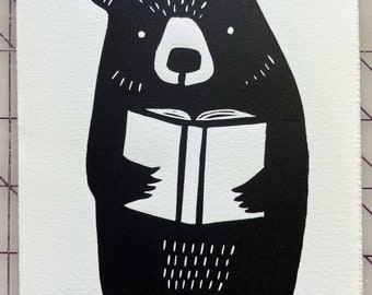 Bear with Book Linoleum Block Print, Unframed, 5 x 7 inches, signed, archival, wall art