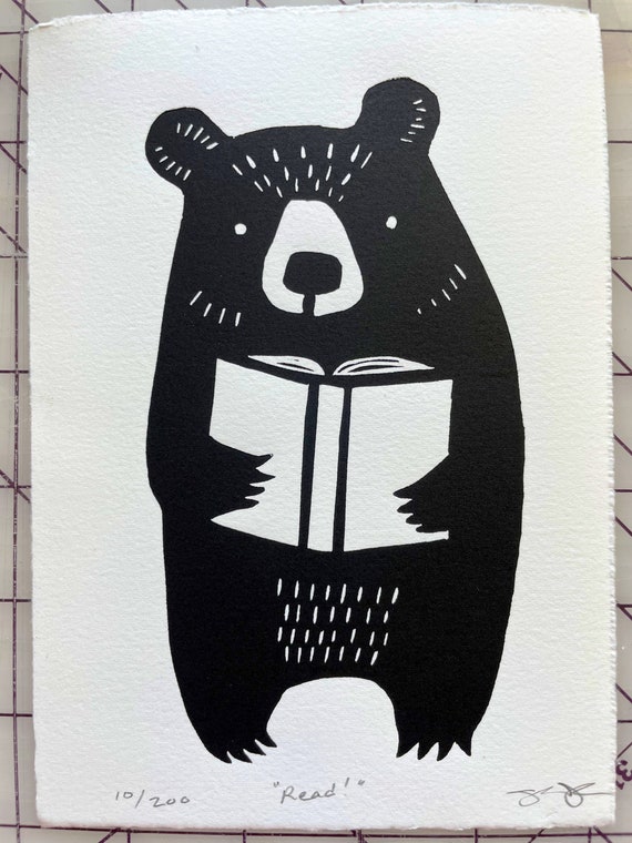 Bear With Book Linoleum Block Print, Unframed, 5 X 7 Inches, Signed,  Archival, Wall Art 